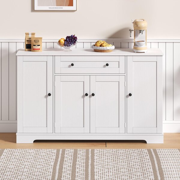 Multifunctional Kitchen Sideboard with Double-Door Compartment, Spacious Cabinet with Adjustable Shelves, 138L x 40W x 85H cm, White Aosom UK