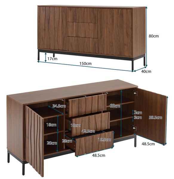 Mid-Century Modern Sideboard with Oak-Grain Slotted Design, Versatile Buffet with Adjustable Shelves, 150L x 40W x 80H cm, Natural Aosom UK