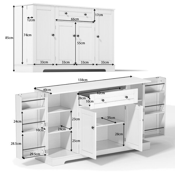 Multifunctional Kitchen Sideboard with Double-Door Compartment, Spacious Cabinet with Adjustable Shelves, 138L x 40W x 85H cm, White Aosom UK