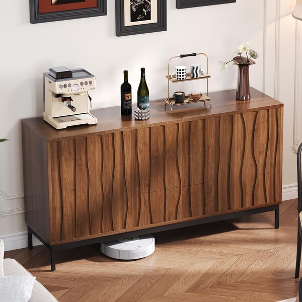 Mid-Century Modern Sideboard with Oak-Grain Slotted Design, Versatile Buffet with Adjustable Shelves, 150L x 40W x 80H cm, Natural Aosom UK