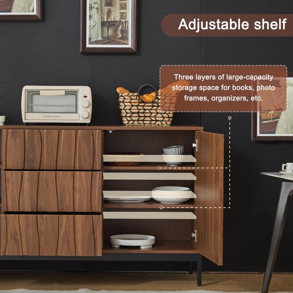Mid-Century Modern Sideboard with Oak-Grain Slotted Design, Versatile Buffet with Adjustable Shelves, 150L x 40W x 80H cm, Natural Aosom UK
