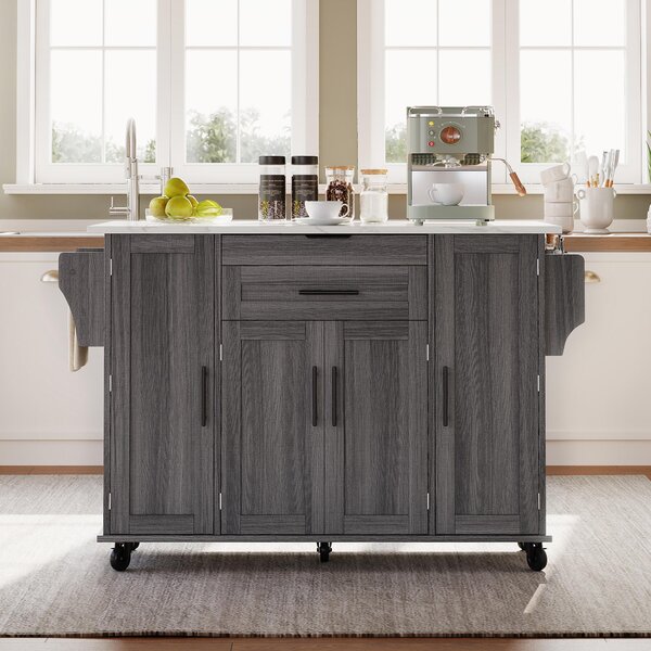 Versatile Kitchen Trolley with Fold-Out Worktop and Lockable Castors, Spacious Kitchen Island with Cabinets, 136L x 70W x 92H cm, Gray Aosom UK