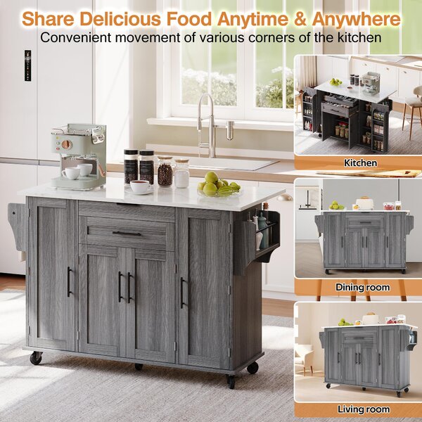 Versatile Kitchen Trolley with Fold-Out Worktop and Lockable Castors, Spacious Kitchen Island with Cabinets, 136L x 70W x 92H cm, Gray Aosom UK