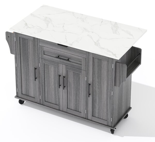 Versatile Kitchen Trolley with Fold-Out Worktop and Lockable Castors, Spacious Kitchen Island with Cabinets, 136L x 70W x 92H cm, Gray Aosom UK