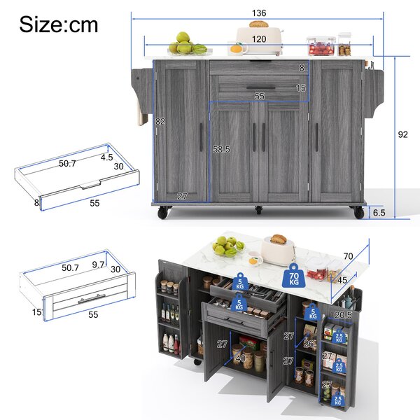 Versatile Kitchen Trolley with Fold-Out Worktop and Lockable Castors, Spacious Kitchen Island with Cabinets, 136L x 70W x 92H cm, Gray Aosom UK