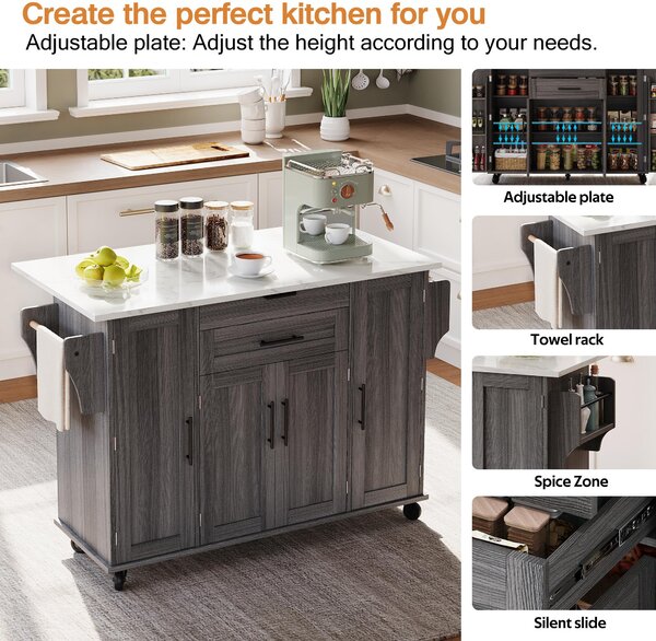 Versatile Kitchen Trolley with Fold-Out Worktop and Lockable Castors, Spacious Kitchen Island with Cabinets, 136L x 70W x 92H cm, Gray Aosom UK