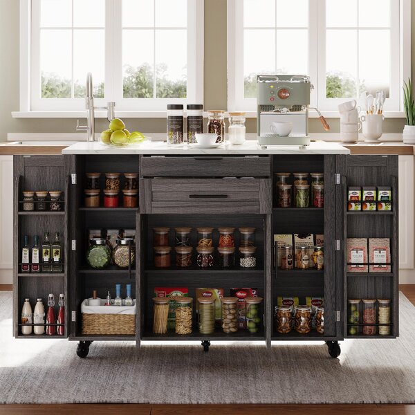 Versatile Kitchen Trolley with Fold-Out Worktop and Lockable Castors, Spacious Kitchen Island with Cabinets, 136L x 70W x 92H cm, Gray Aosom UK