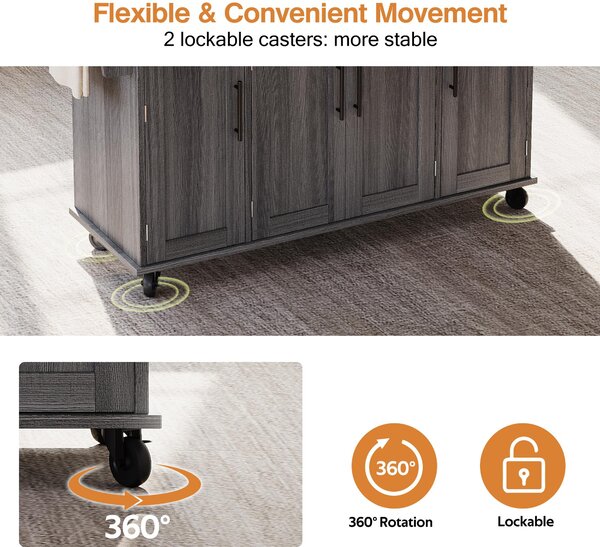 Versatile Kitchen Trolley with Fold-Out Worktop and Lockable Castors, Spacious Kitchen Island with Cabinets, 136L x 70W x 92H cm, Gray Aosom UK