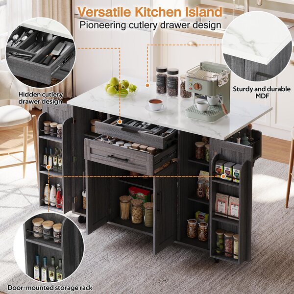 Versatile Kitchen Trolley with Fold-Out Worktop and Lockable Castors, Spacious Kitchen Island with Cabinets, 136L x 70W x 92H cm, Gray Aosom UK