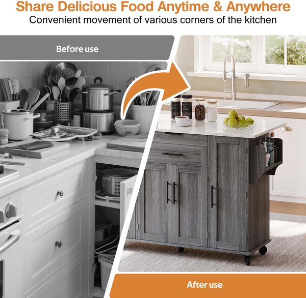 Versatile Kitchen Trolley with Fold-Out Worktop and Lockable Castors, Spacious Kitchen Island with Cabinets, 136L x 70W x 92H cm, Gray Aosom UK