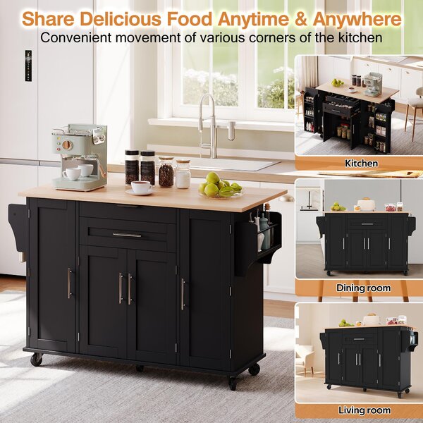 Versatile Kitchen Trolley with Fold-Out Worktop, Spacious Storage Island with Double-Door Cabinets, 136L x 70W x 92H cm, Black+Natural Aosom UK