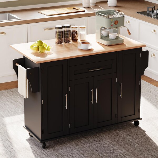 Versatile Kitchen Trolley with Fold-Out Worktop, Spacious Storage Island with Double-Door Cabinets, 136L x 70W x 92H cm, Black+Natural Aosom UK