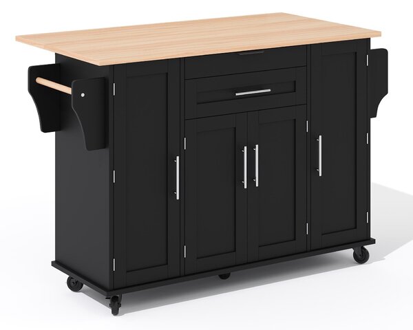 Versatile Kitchen Trolley with Fold-Out Worktop, Spacious Storage Island with Double-Door Cabinets, 136L x 70W x 92H cm, Black+Natural Aosom UK