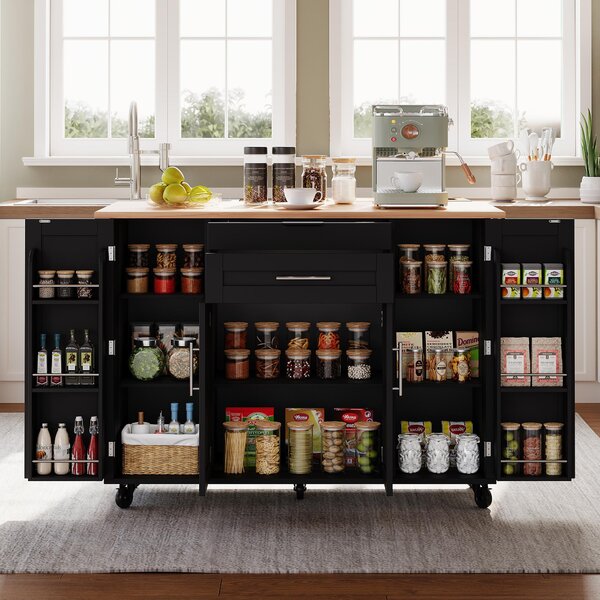Versatile Kitchen Trolley with Fold-Out Worktop, Spacious Storage Island with Double-Door Cabinets, 136L x 70W x 92H cm, Black+Natural Aosom UK