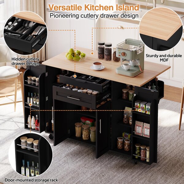 Versatile Kitchen Trolley with Fold-Out Worktop, Spacious Storage Island with Double-Door Cabinets, 136L x 70W x 92H cm, Black+Natural Aosom UK