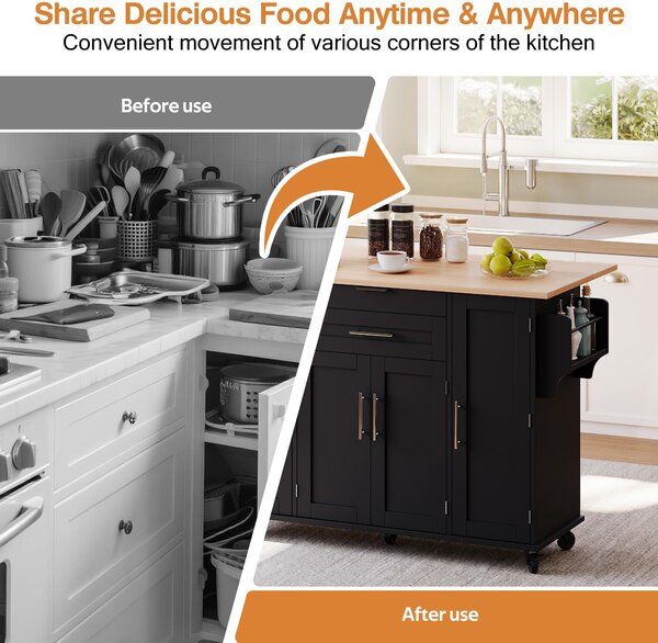 Versatile Kitchen Trolley with Fold-Out Worktop, Spacious Storage Island with Double-Door Cabinets, 136L x 70W x 92H cm, Black+Natural Aosom UK
