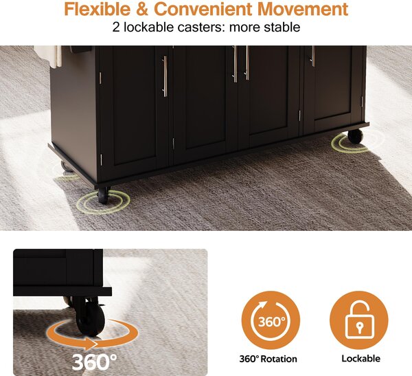 Versatile Kitchen Trolley with Fold-Out Worktop, Spacious Storage Island with Double-Door Cabinets, 136L x 70W x 92H cm, Black+Natural Aosom UK