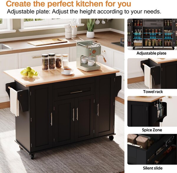 Versatile Kitchen Trolley with Fold-Out Worktop, Spacious Storage Island with Double-Door Cabinets, 136L x 70W x 92H cm, Black+Natural Aosom UK