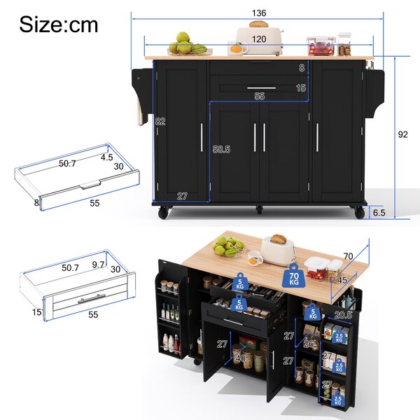 Versatile Kitchen Trolley with Fold-Out Worktop, Spacious Storage Island with Double-Door Cabinets, 136L x 70W x 92H cm, Black+Natural Aosom UK