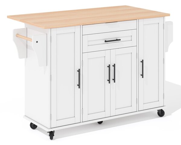 Versatile Kitchen Trolley with Fold-Out Worktop, Spacious Storage Island with Double-Door Cabinets, 136L x 70W x 92H cm, White+Natural Aosom UK