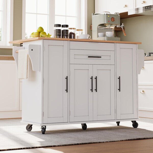 Versatile Kitchen Trolley with Fold-Out Worktop, Spacious Storage Island with Double-Door Cabinets, 136L x 70W x 92H cm, White+Natural Aosom UK