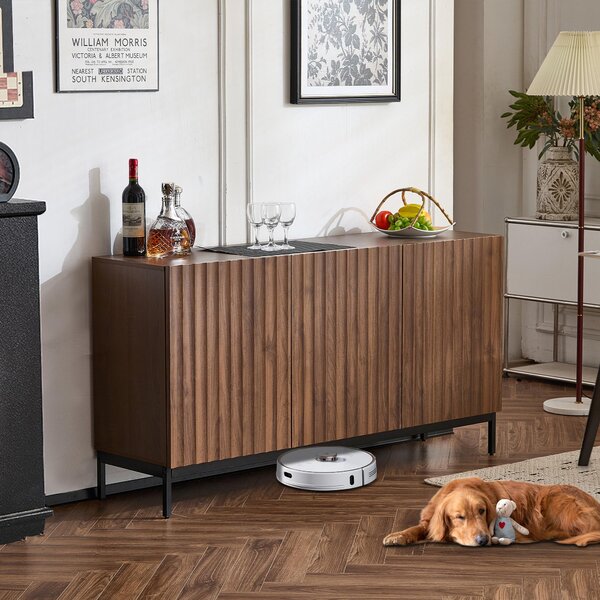 Mid-Century Sideboard with 3D Wave Design and Steel Legs, Versatile Cabinet with 3 Doors, Adjustable Shelves, 150L x 40W x 80H cm, Natural Aosom UK