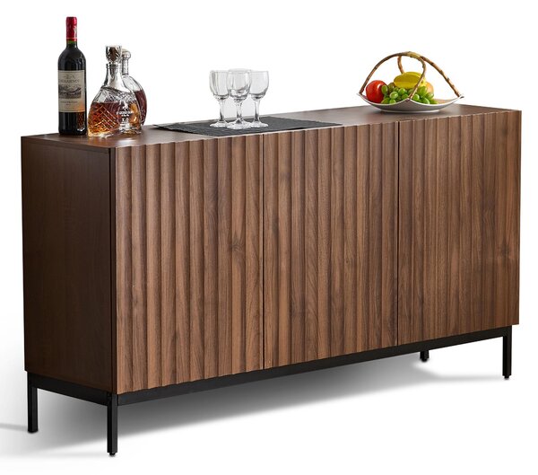 Mid-Century Sideboard with 3D Wave Design and Steel Legs, Versatile Cabinet with 3 Doors, Adjustable Shelves, 150L x 40W x 80H cm, Natural Aosom UK