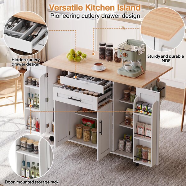 Versatile Kitchen Trolley with Fold-Out Worktop, Spacious Storage Island with Double-Door Cabinets, 136L x 70W x 92H cm, White+Natural Aosom UK