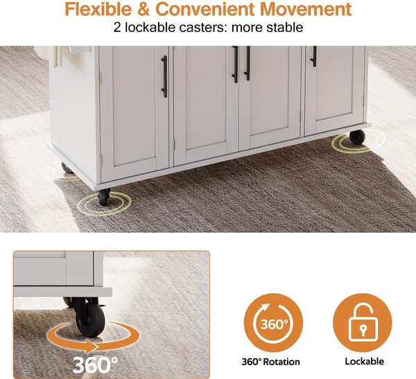 Versatile Kitchen Trolley with Fold-Out Worktop, Spacious Storage Island with Double-Door Cabinets, 136L x 70W x 92H cm, White+Natural Aosom UK
