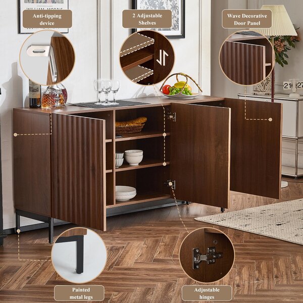 Mid-Century Sideboard with 3D Wave Design and Steel Legs, Versatile Cabinet with 3 Doors, Adjustable Shelves, 150L x 40W x 80H cm, Natural Aosom UK