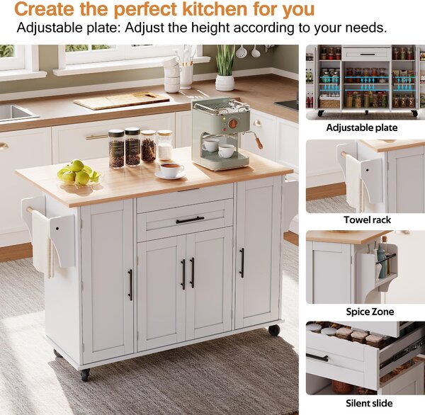 Versatile Kitchen Trolley with Fold-Out Worktop, Spacious Storage Island with Double-Door Cabinets, 136L x 70W x 92H cm, White+Natural Aosom UK