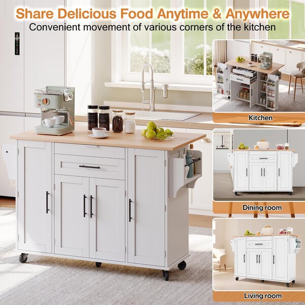 Versatile Kitchen Trolley with Fold-Out Worktop, Spacious Storage Island with Double-Door Cabinets, 136L x 70W x 92H cm, White+Natural Aosom UK