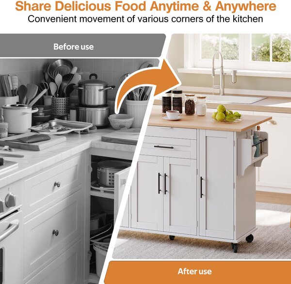 Versatile Kitchen Trolley with Fold-Out Worktop, Spacious Storage Island with Double-Door Cabinets, 136L x 70W x 92H cm, White+Natural Aosom UK