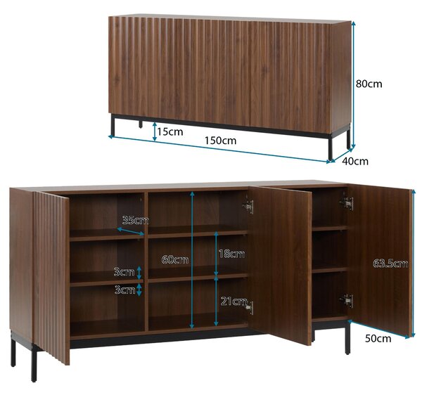 Mid-Century Sideboard with 3D Wave Design and Steel Legs, Versatile Cabinet with 3 Doors, Adjustable Shelves, 150L x 40W x 80H cm, Natural Aosom UK