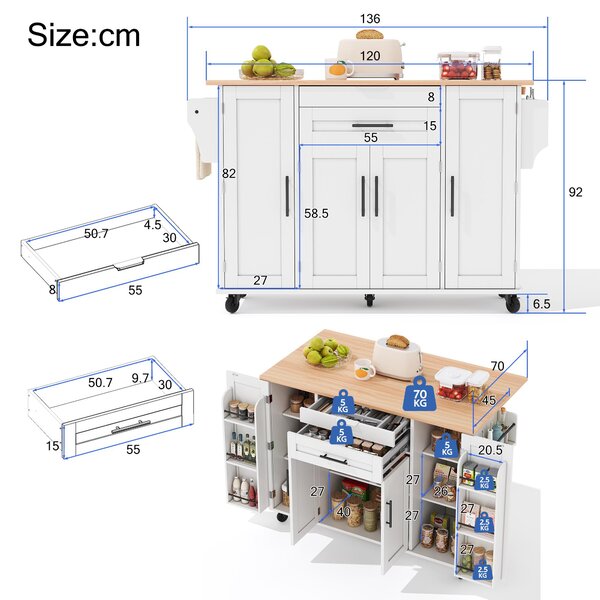 Versatile Kitchen Trolley with Fold-Out Worktop, Spacious Storage Island with Double-Door Cabinets, 136L x 70W x 92H cm, White+Natural Aosom UK