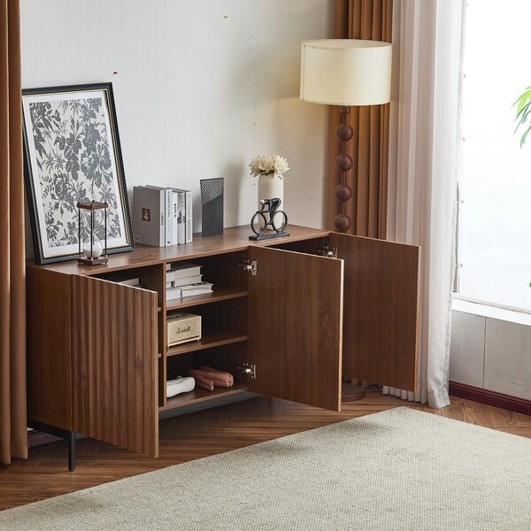 Mid-Century Sideboard with 3D Wave Design and Steel Legs, Versatile Cabinet with 3 Doors, Adjustable Shelves, 150L x 40W x 80H cm, Natural Aosom UK