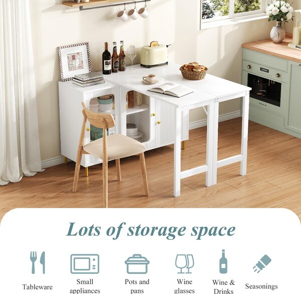 Multifunctional Bar Cabinet with Rotating Extendable Tabletop, Space-Saving Sideboard with Sliding Doors, 122L x 40W x 82H cm, White Aosom UK