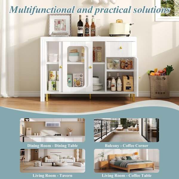 Multifunctional Bar Cabinet with Rotating Extendable Tabletop, Space-Saving Sideboard with Sliding Doors, 122L x 40W x 82H cm, White Aosom UK
