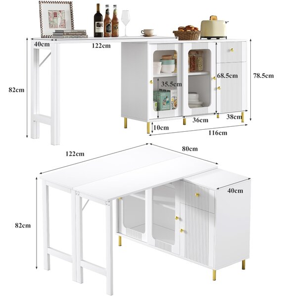 Multifunctional Bar Cabinet with Rotating Extendable Tabletop, Space-Saving Sideboard with Sliding Doors, 122L x 40W x 82H cm, White Aosom UK