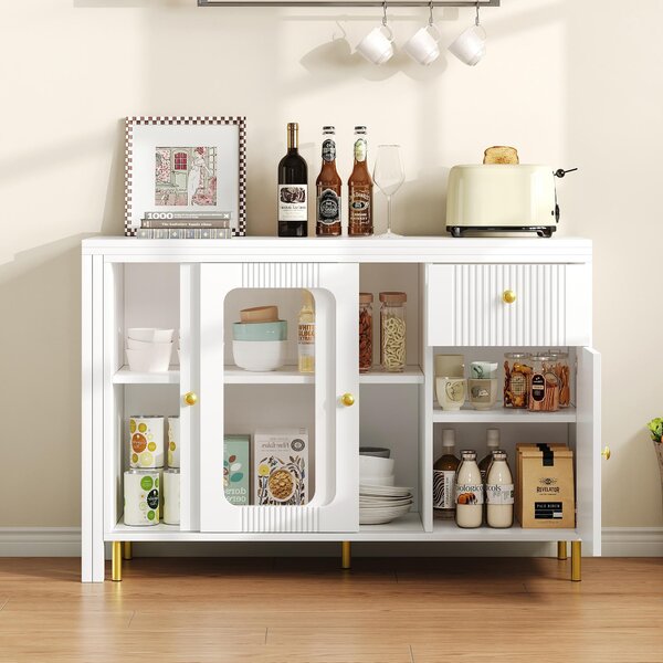Multifunctional Bar Cabinet with Rotating Extendable Tabletop, Space-Saving Sideboard with Sliding Doors, 122L x 40W x 82H cm, White Aosom UK