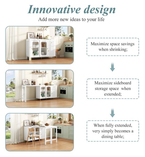 Multifunctional Bar Cabinet with Rotating Extendable Tabletop, Space-Saving Sideboard with Sliding Doors, 122L x 40W x 82H cm, White Aosom UK