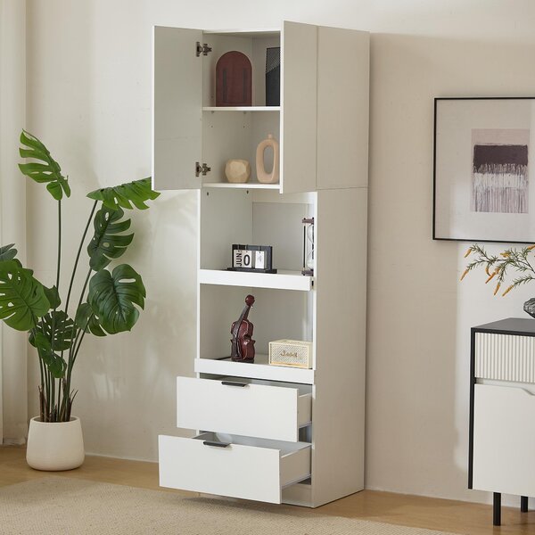 Freestanding Pantry Cabinet with 2 Open Sliding Shelves, Multifunctional Sideboard for Dining & Living Rooms, 59.5L x 45W x 200H cm, White Aosom UK