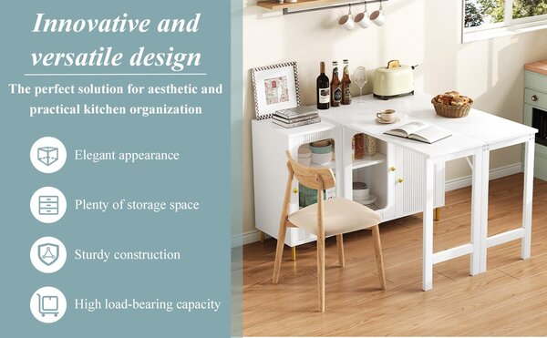 Multifunctional Bar Cabinet with Rotating Extendable Tabletop, Space-Saving Sideboard with Sliding Doors, 122L x 40W x 82H cm, White Aosom UK