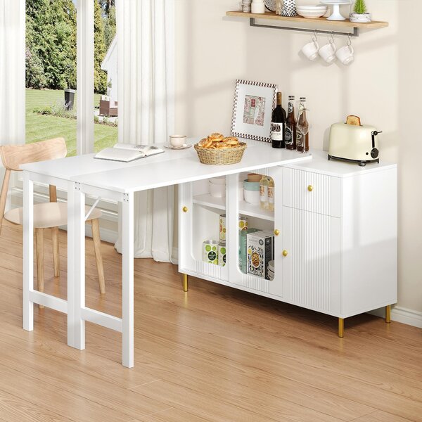 Multifunctional Bar Cabinet with Rotating Extendable Tabletop, Space-Saving Sideboard with Sliding Doors, 122L x 40W x 82H cm, White Aosom UK