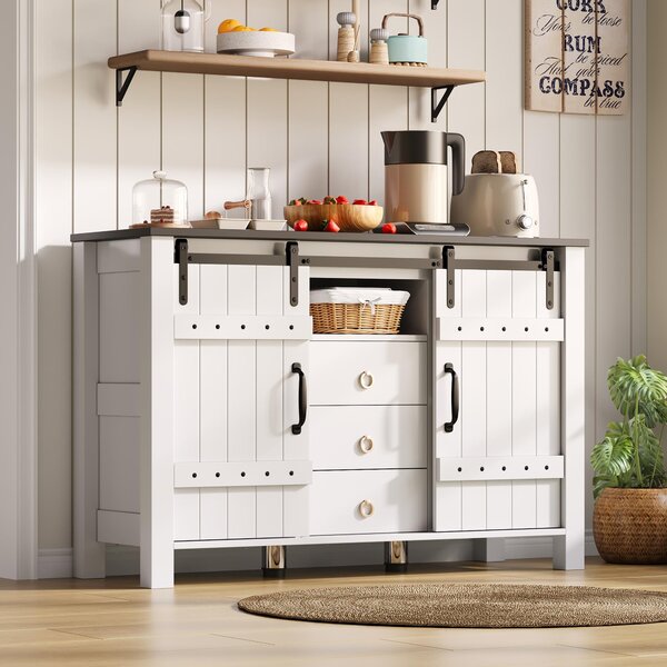 Versatile Sideboard with 3 Drawers and Quiet Sliding Doors, Rustic Buffet Cabinet for Kitchen, Dining Areas, 120L x 40W x 80H cm, White Aosom UK