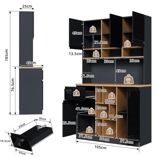 Stylish Kitchen Cabinet with 3 Smooth-Sliding Drawers, Versatile Sideboard with Adjustable Shelves, 105L x 45W x 185H cm, Black+Natural Aosom UK