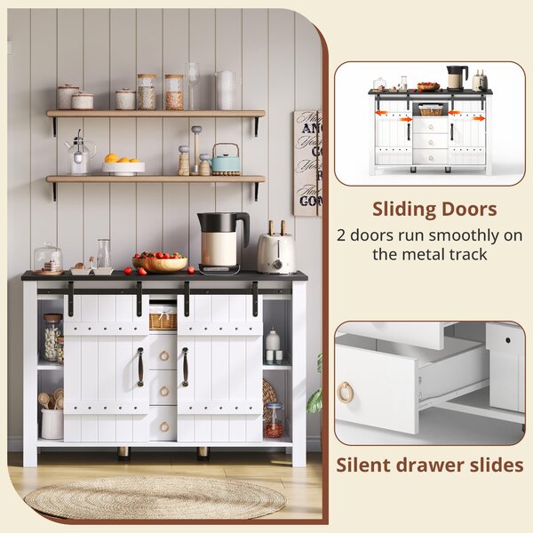Versatile Sideboard with 3 Drawers and Quiet Sliding Doors, Rustic Buffet Cabinet for Kitchen, Dining Areas, 120L x 40W x 80H cm, White Aosom UK