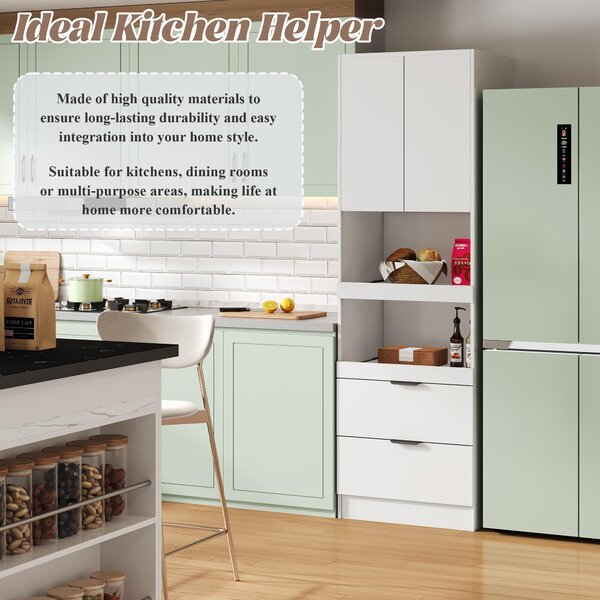 Freestanding Pantry Cabinet with 2 Open Sliding Shelves, Multifunctional Sideboard for Dining & Living Rooms, 59.5L x 45W x 200H cm, White Aosom UK