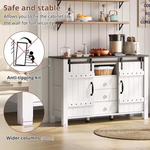 Versatile Sideboard with 3 Drawers and Quiet Sliding Doors, Rustic Buffet Cabinet for Kitchen, Dining Areas, 120L x 40W x 80H cm, White Aosom UK