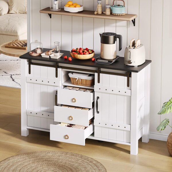 Versatile Sideboard with 3 Drawers and Quiet Sliding Doors, Rustic Buffet Cabinet for Kitchen, Dining Areas, 120L x 40W x 80H cm, White Aosom UK